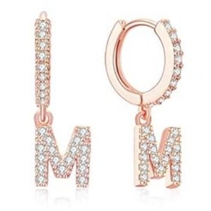 Ldurian 14K Rose Gold Plated Cubic Zirconia Dangle Hoop M Intial Earrings